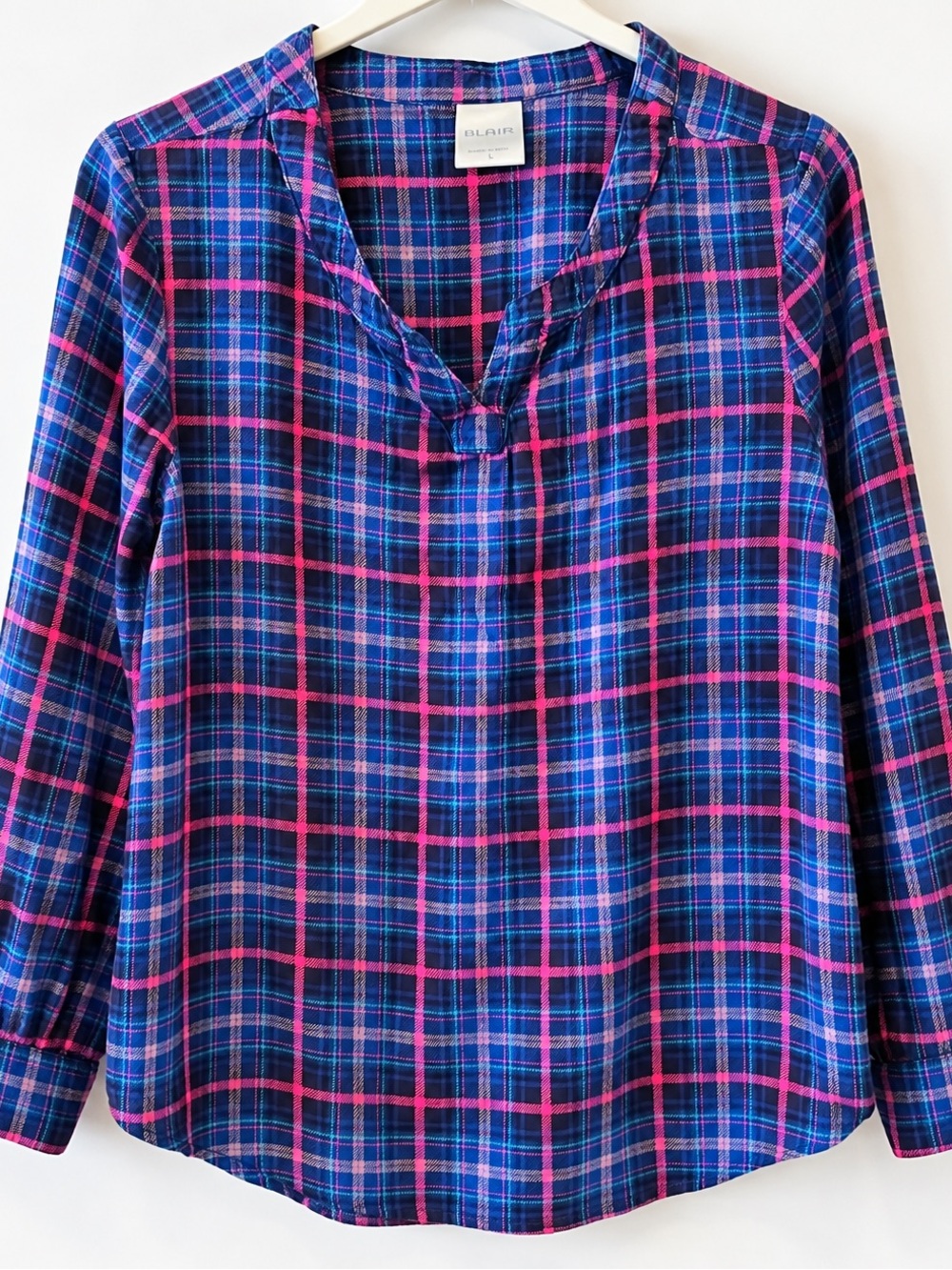 Blair Blue Pink Plaid V Neck Long Sleeve Blouse Women’s Large